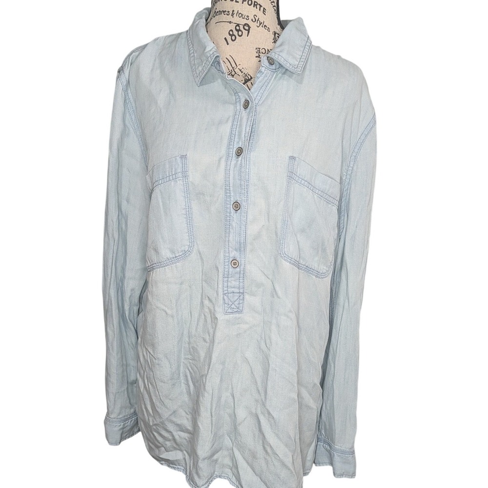 Talbots Womens XL Light Wash Tencel Lyocell Roll Tab Sleeve Popover Shirt Top‎